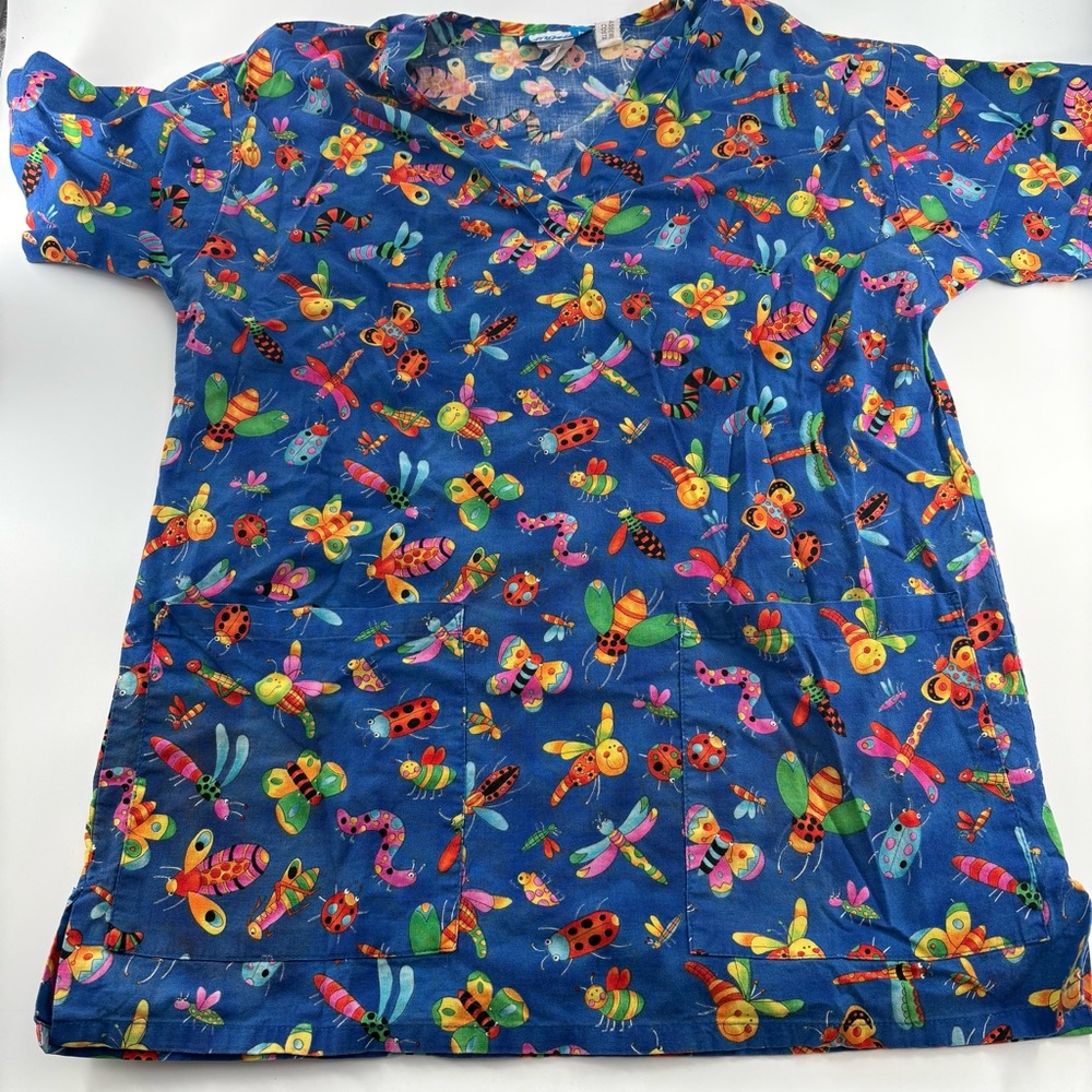 Angelica Bug Print Scrub Top Blue